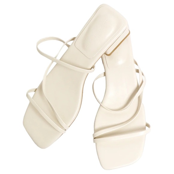 Leather Off-White Ivory Strappy Block Heel Square Toe Sandals Shoes - Picture 1 of 12